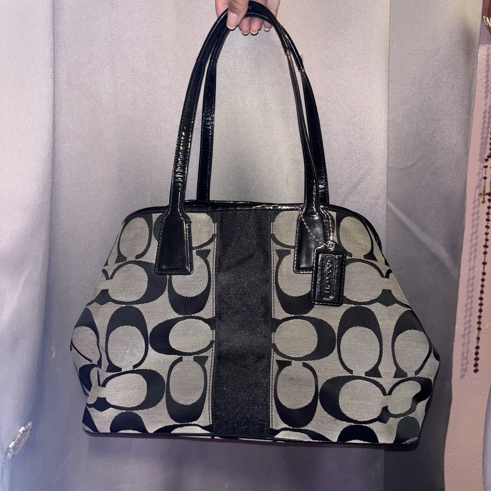 Vtg Coach Black Gray Canvas Monogram Purse Bag Handbag Logo Shoulder Kiss Lock